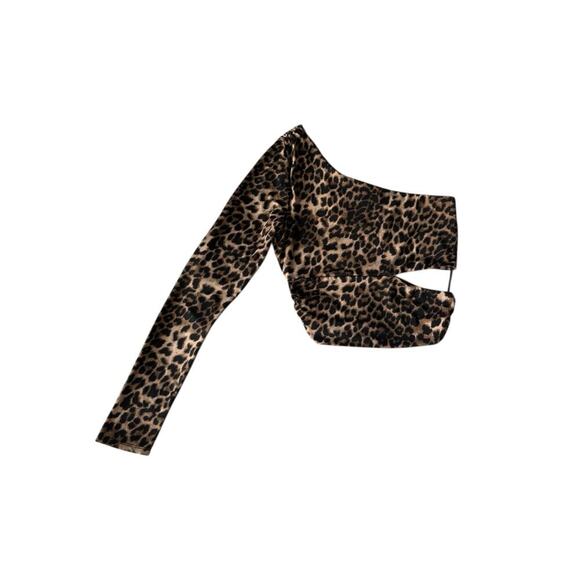Mixed Threads Leopard Print One Shoulder Long Sleeve Crop Top M Cutout Ruched - Picture 2 of 6